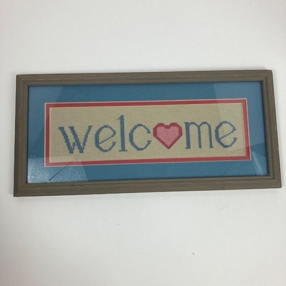 Vintage 1980 Framed /Glass WELCOME Cross Stitch 7 x 16 - Picture 1 of 6